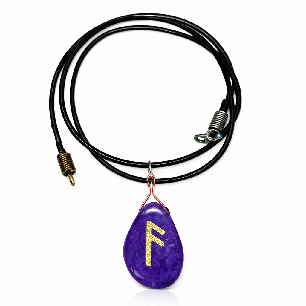 24 Krt Gold Leaf Fehu Rune Purple Quarts Necklace